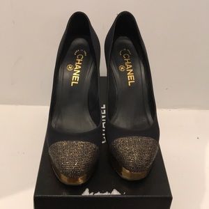 Chanel black and gold satin pumps